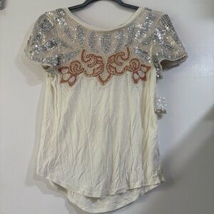 Free People Beaded Top Blouse Open Back Cap Sleeve Boho Y2K Sequin Glam XS Pink